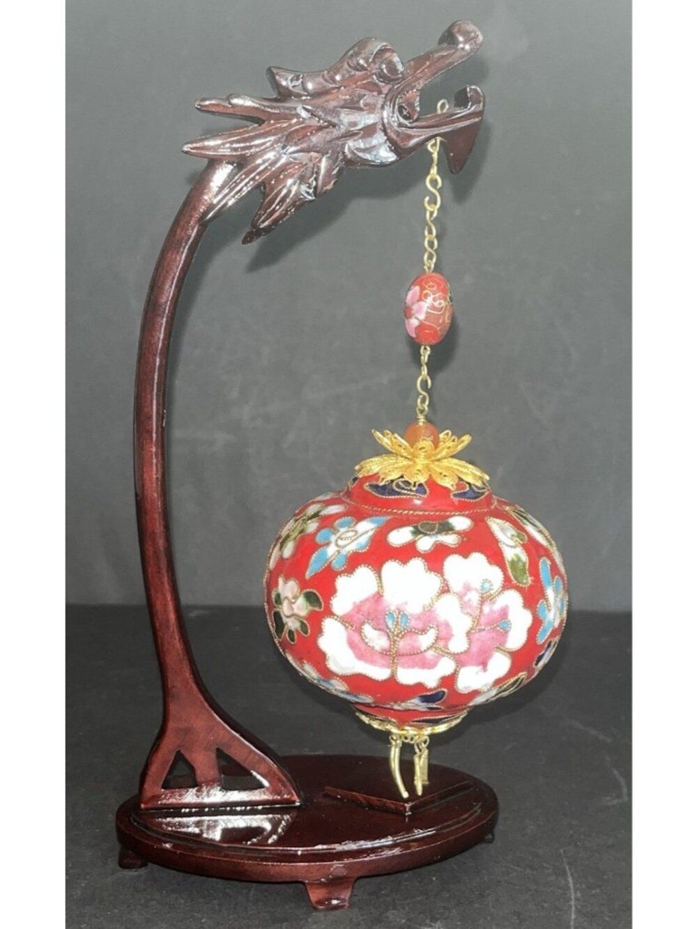 Vintage Chinese Hanging Cloisonné Ornament Dragon Head Wood Stand Asian Decor